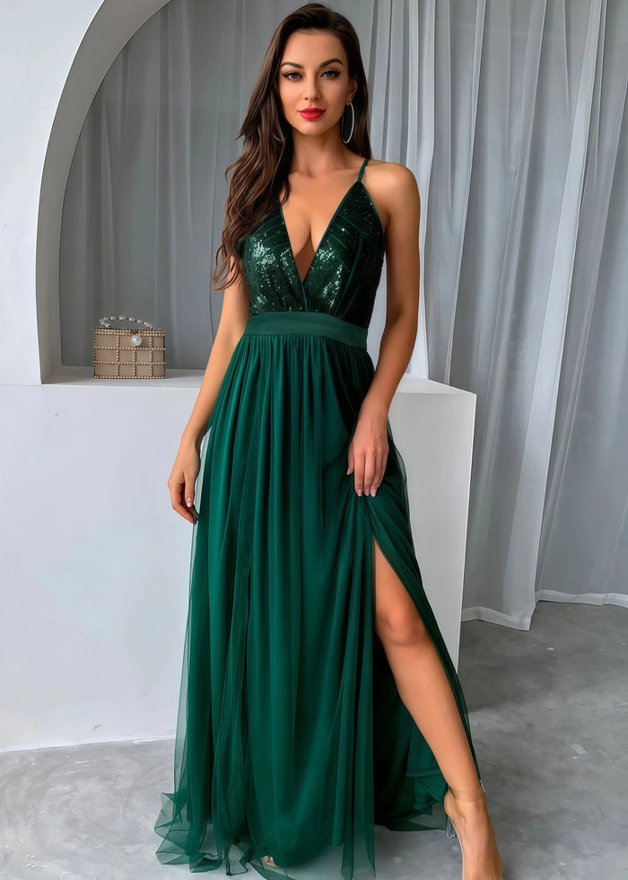 Beverly | A Line Long Green Prom Dress With V - neck Sequin Slit - Green - PromDressClub
