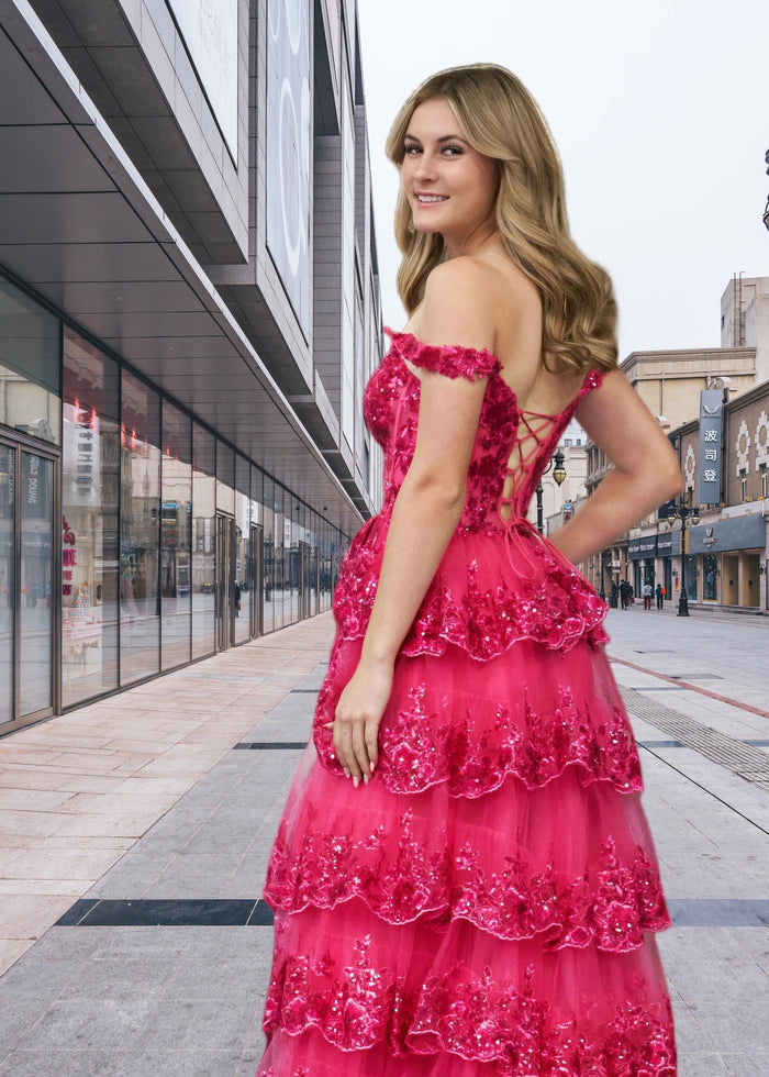 Beverly | Fuchsia A Line Off the Shoulder Ruffle Prom Dress with Slit - Fuchsia - PromDressClub