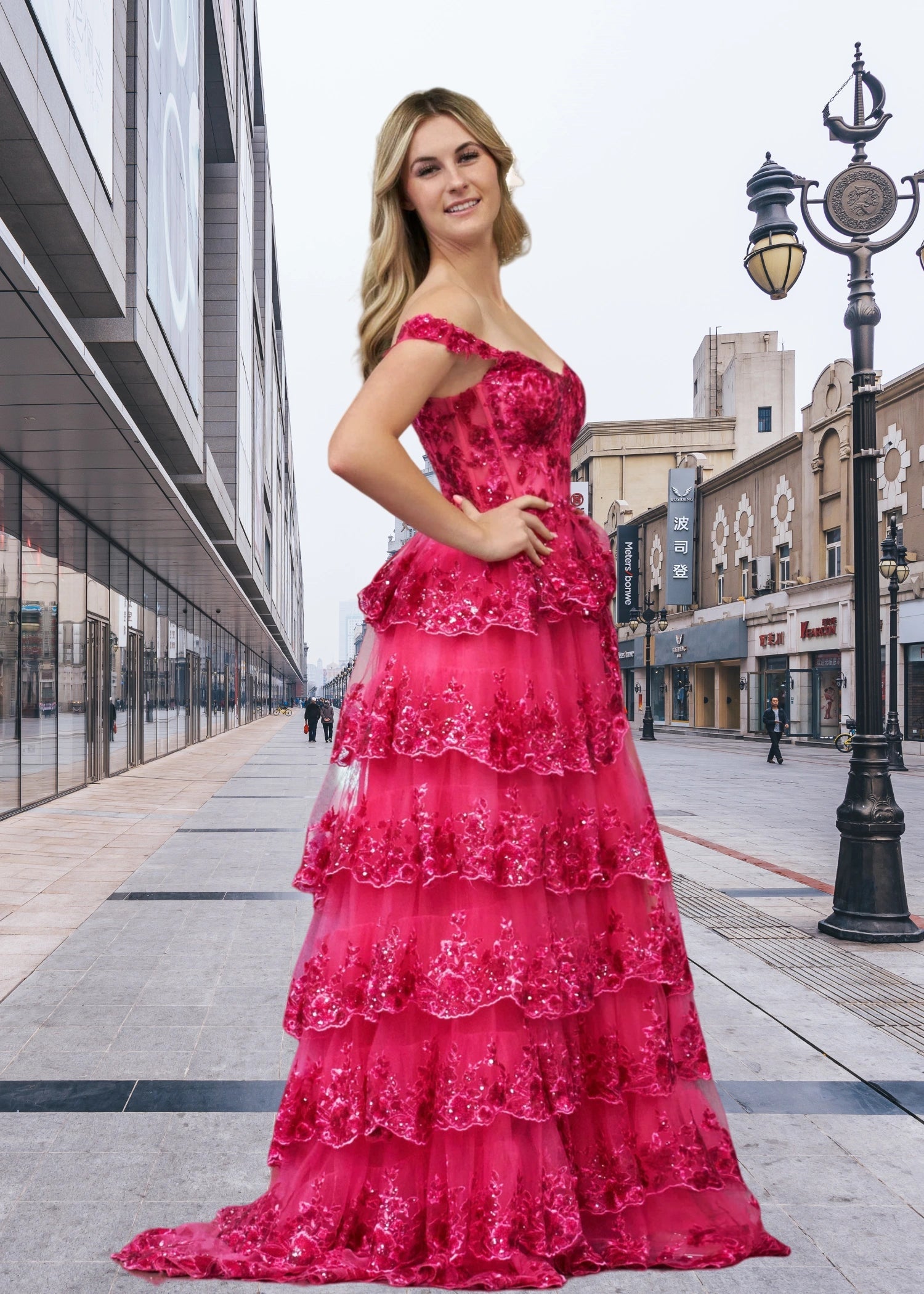 Beverly |A Line Off the Shoulder Fuchsia Princess Corset Long Prom Dress with Lace Ruffles - Fuchsia - US0 - PromDressClub