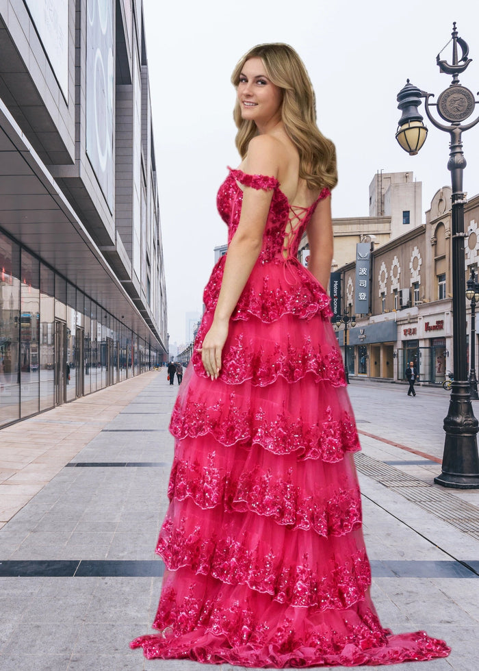Beverly | Fuchsia A Line Off the Shoulder Ruffle Prom Dress with Slit - Fuchsia - PromDressClub
