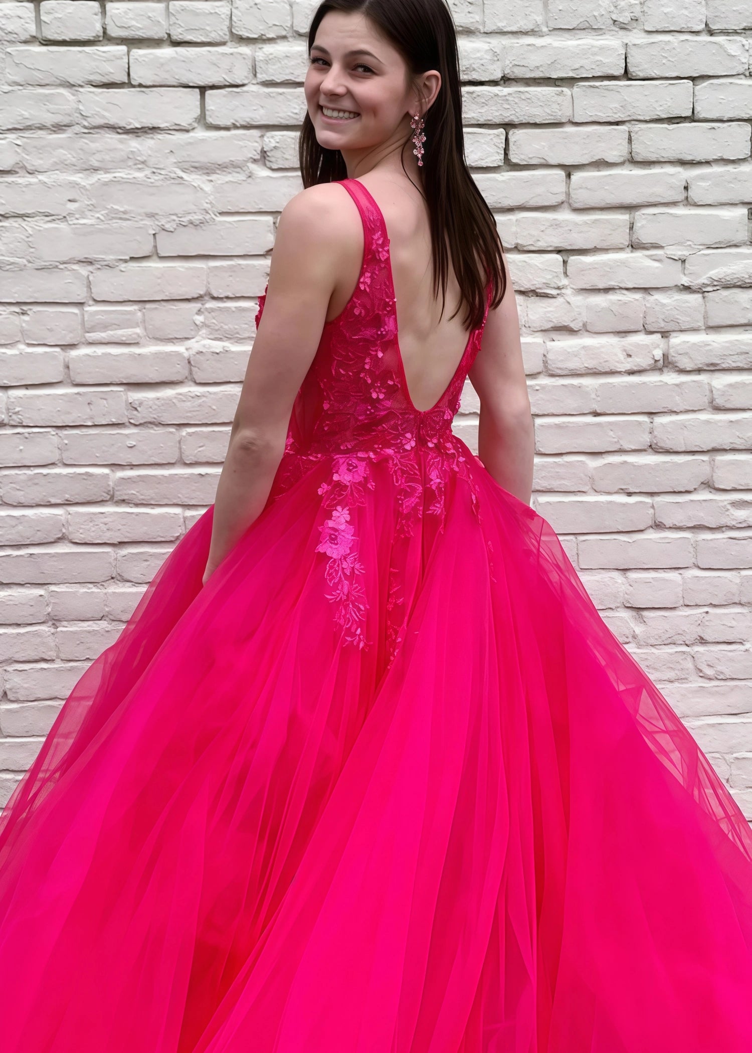 Betsy | A-Line Long Red Prom Dress With V-Neck Lace Appliques