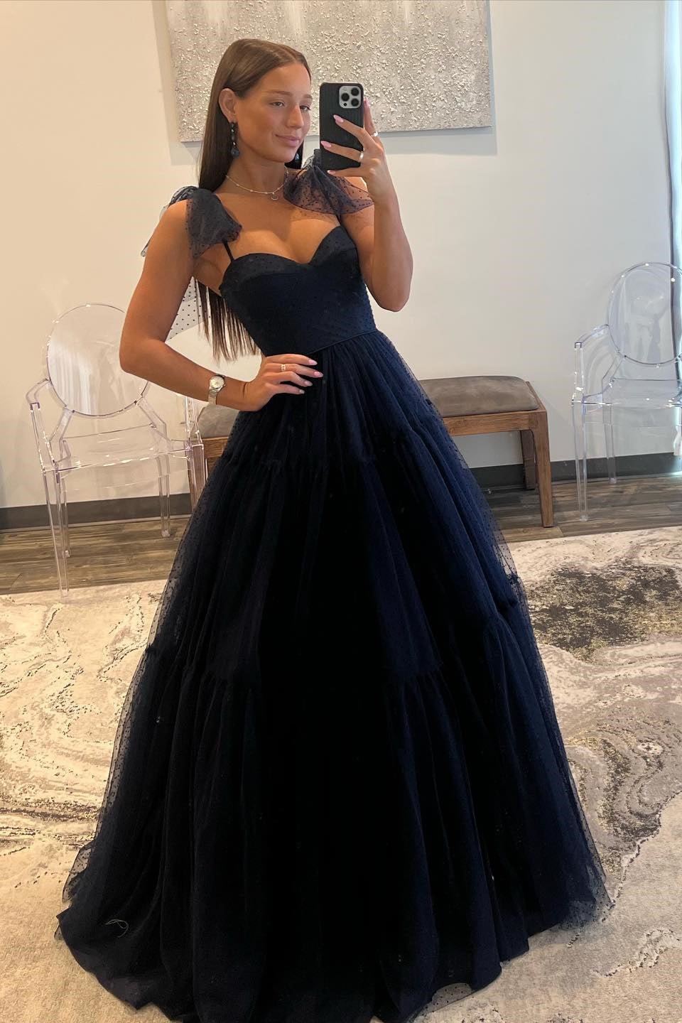 Caroline | Black A Line Prom Dress Tulle Dotted Party Formal Dress Sweetheart - Black - US0 - PromDressClub