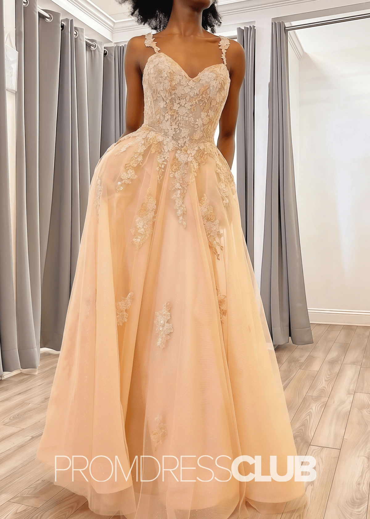 Blanche | Champagne Prom Dress Long A - Line Spaghetti Straps Tulle With Appliques - Champagne - PromDressClub