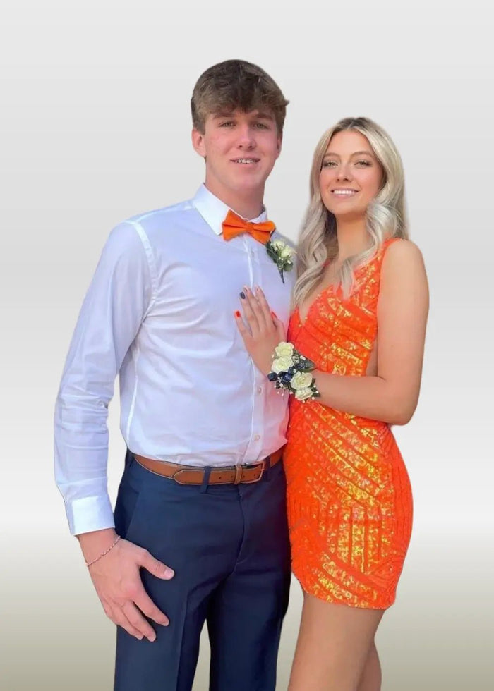 Olive |Bodycon Fuchsia Open Back V - Neck Tight Corset Dress Short Homecoming Dress with Sequins - Orange - PromDressClub