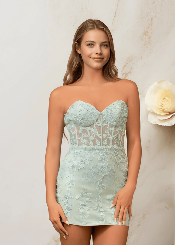 Edith |Bodycon Lace Mini Green Homecoming Dress - US0 - PromDressClub
