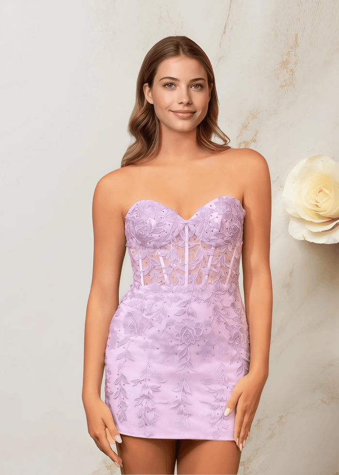 Edith |Bodycon Lace Mini Lilac Homecoming Dress - US0 - PromDressClub