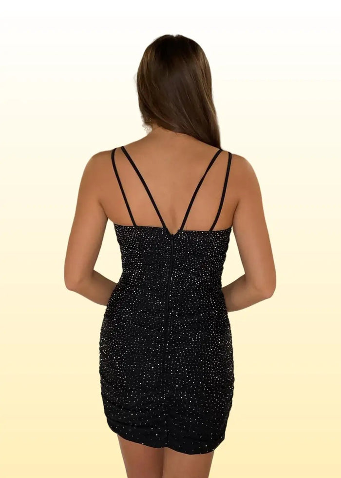 Natividad |Bodycon Spaghetti Straps Black Square Short/Mini Homecoming Dress with Sequins Beading - Black - PromDressClub