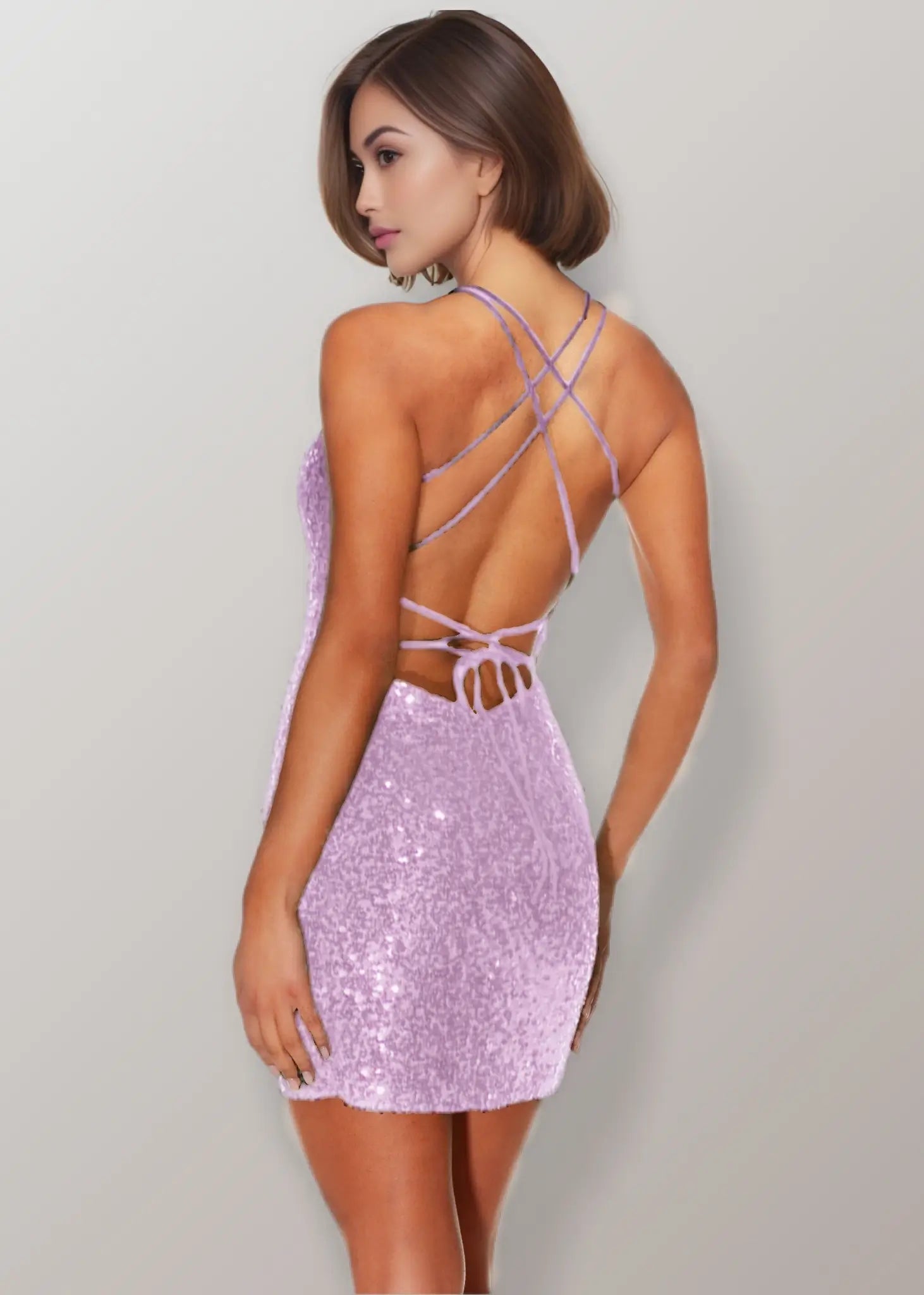 Monica |Bodycon Straight Plunging Neckline Strappy Back Sequin Mini Green Short Homecoming Dress With Sparkly - Lilac - US0 - PromDressClub