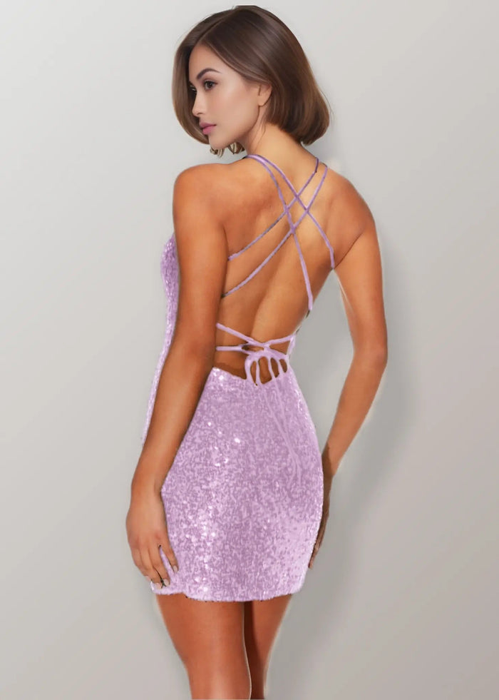 Monica |Bodycon Straight Plunging Neckline Strappy Back Sequin Mini Green Short Homecoming Dress With Sparkly - Lilac - PromDressClub