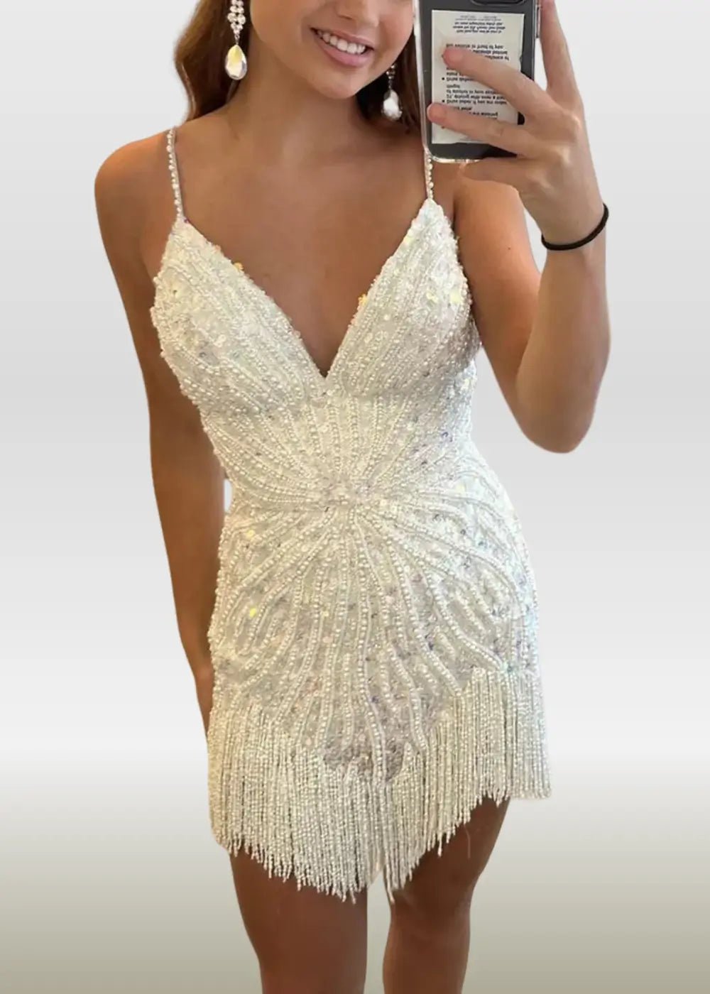 Maxine |Bodycon V - neck Sheath Spaghetti Straps Corset Dress Peacock Blue Sequins Short Homecoming Dress with Tassel - White - US0 - PromDressClub