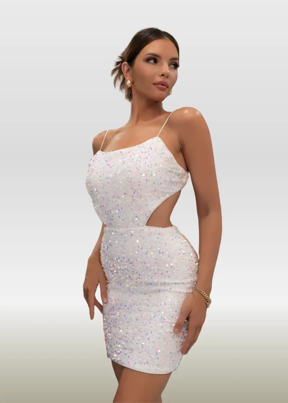 Marian |Bodycon White Square Backless Short/Mini Homecoming Dress with Sparkly Sequins - White - US0 - PromDressClub