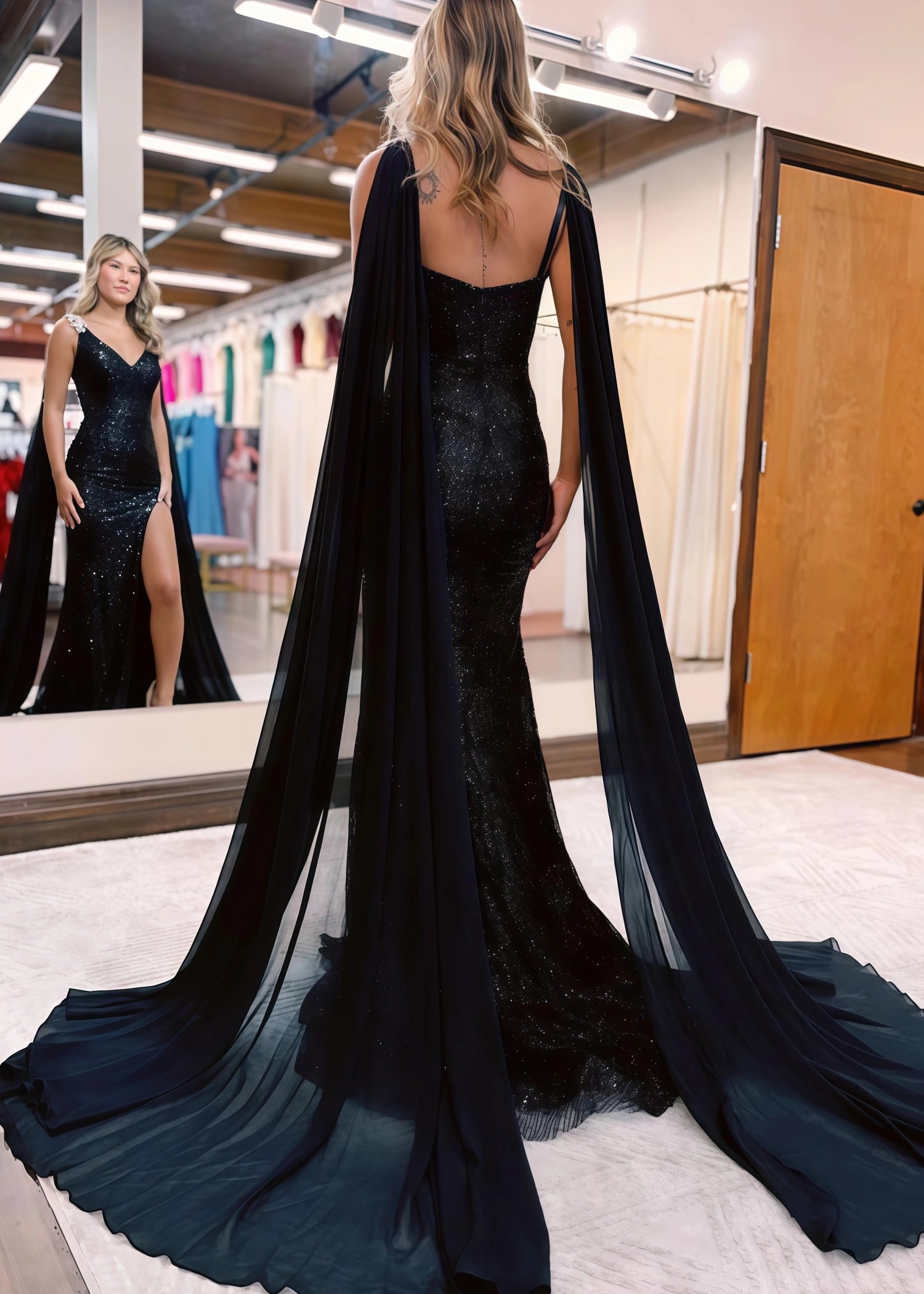 Bonnie | Long Black Prom Dress With Mermaid Deep V Neck Sequins Slit Cape - Black - US0 - PromDressClub