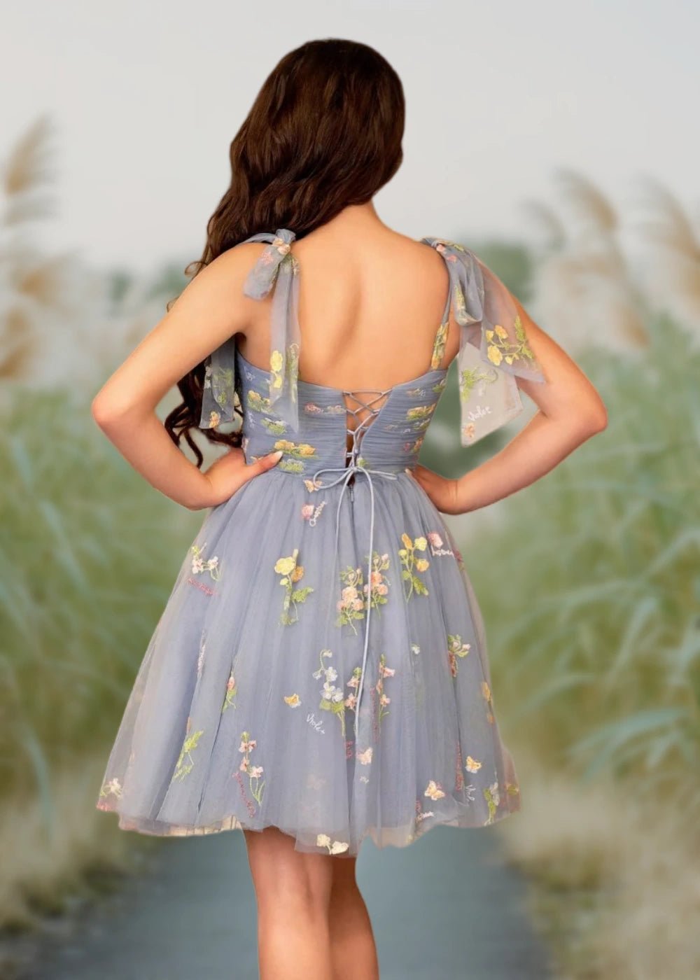 Bridget | A Line Dusty Blue Floral Corset Tulle Short Homecoming Dress - Dusty Blue Floral - PromDressClub