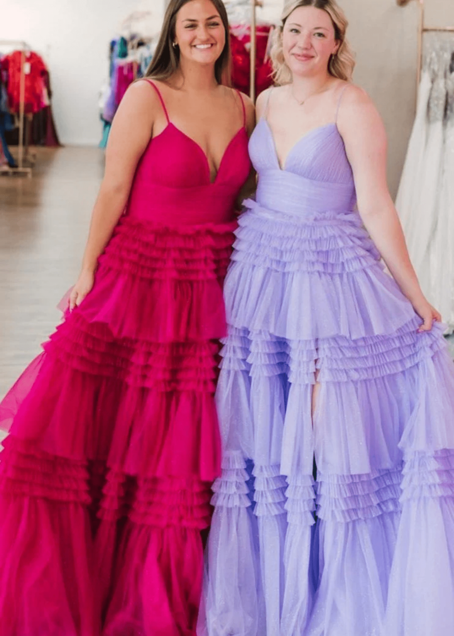 Bridget |A - Line Sweetheart Spaghetti StrapsTiered Tulle Long Black Prom Dress With Split - Fuchsia - US0 - PromDressClub