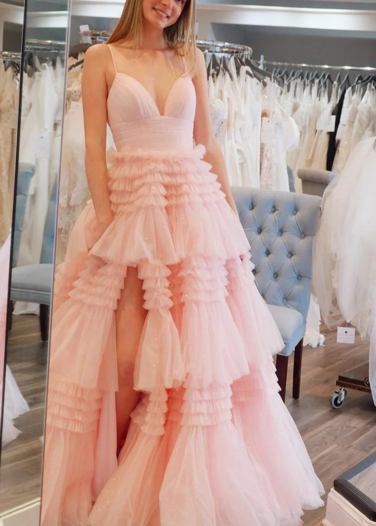 Bridget |A - Line Sweetheart Spaghetti StrapsTiered Tulle Long Black Prom Dress With Split - Light Pink - US0 - PromDressClub