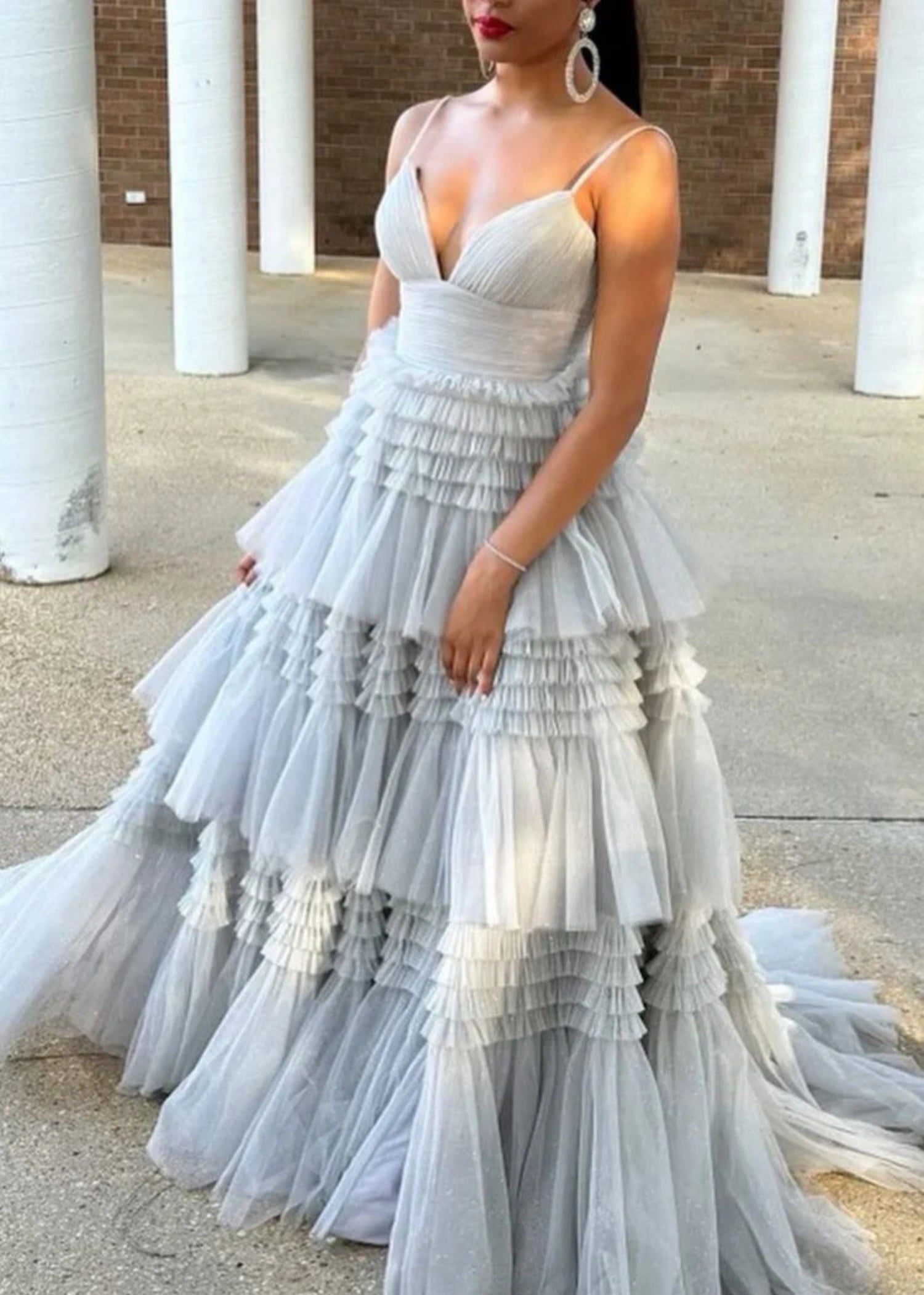 Bridget |A - Line Sweetheart Spaghetti StrapsTiered Tulle Long Black Prom Dress With Split - Silver - US0 - PromDressClub