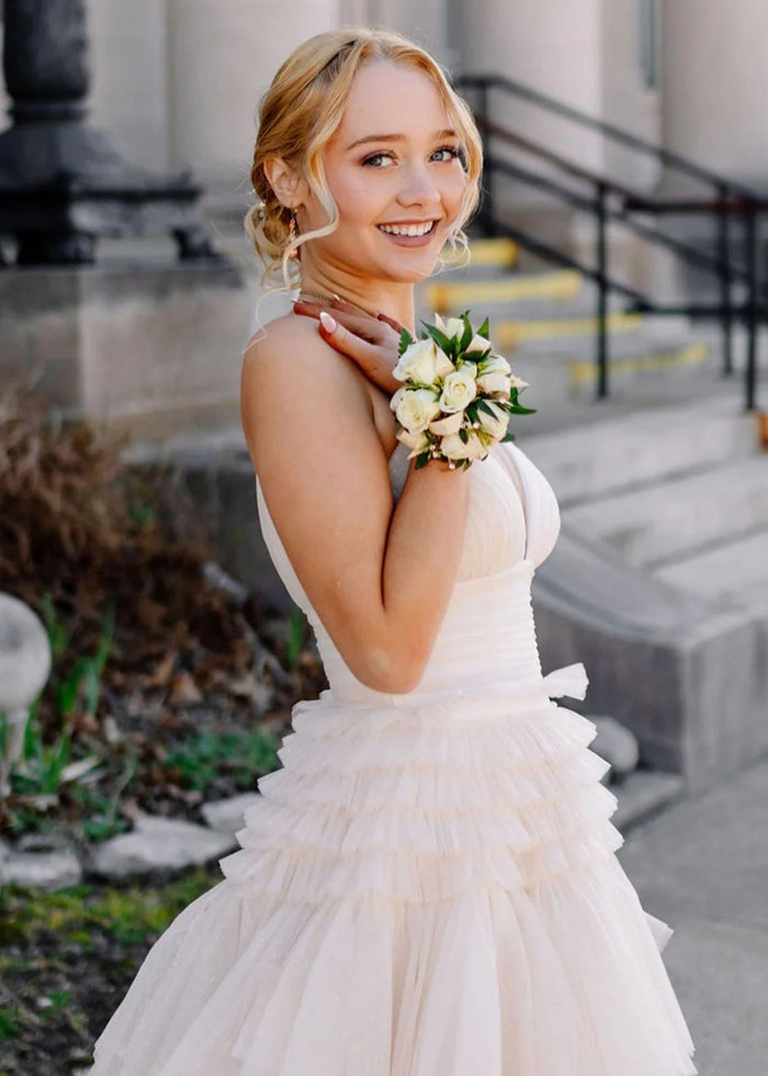 Bridget | Black Sage Green A Line Ruffle V Neck Prom Dress with Slit - White - PromDressClub