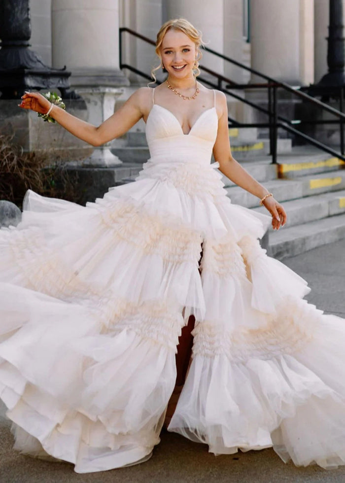 Bridget | Black Sage Green A Line Ruffle V Neck Prom Dress with Slit - White - PromDressClub