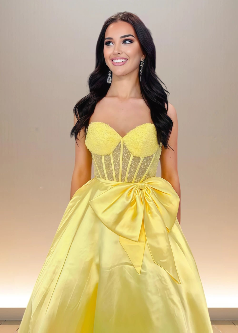 Bridget | Light Blue Strapless Corset Beaded Formal Dress with Bow - Yellow - PromDressClub