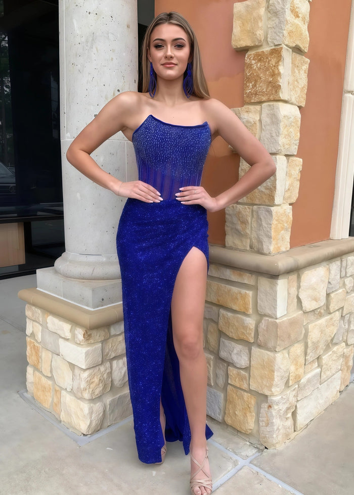 Bridget Beaded Royal Blue Prom Dress | Mermaid Strapless Corset Pleated Sequins Dress with Slit - Royal Blue - PromDressClub