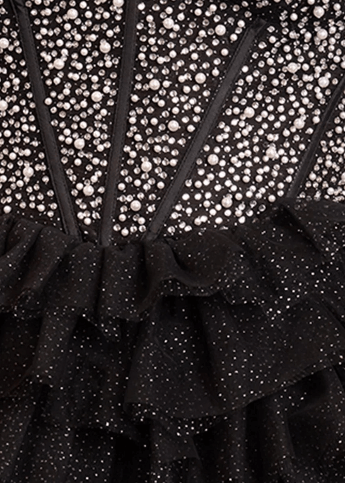 Brooke | A Line Black Tulle Off the Shoulder Beaded Feather Ruffle Cocktail Dress - Black - PromDressClub