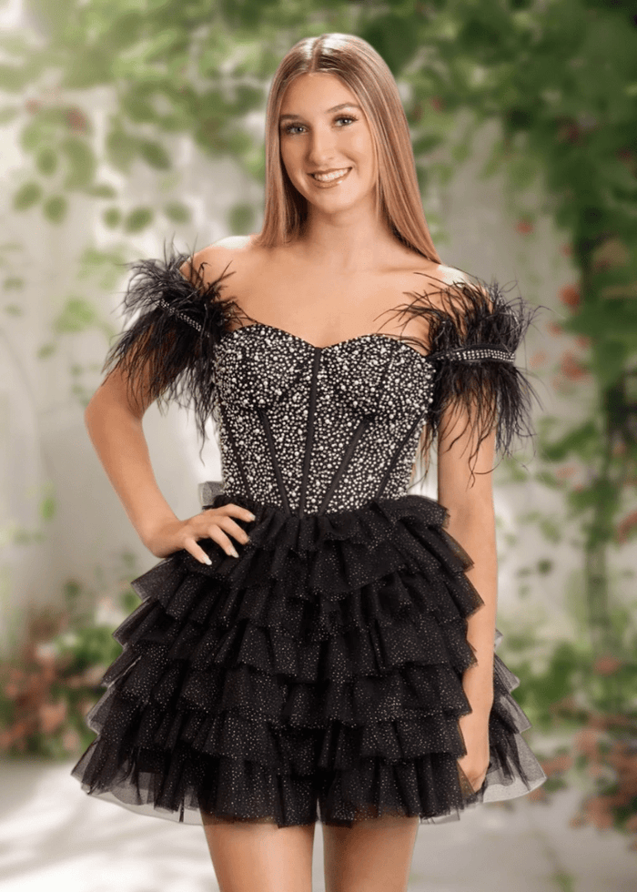 Brooke | A Line Black Tulle Off the Shoulder Beaded Feather Ruffle Cocktail Dress - Black - PromDressClub