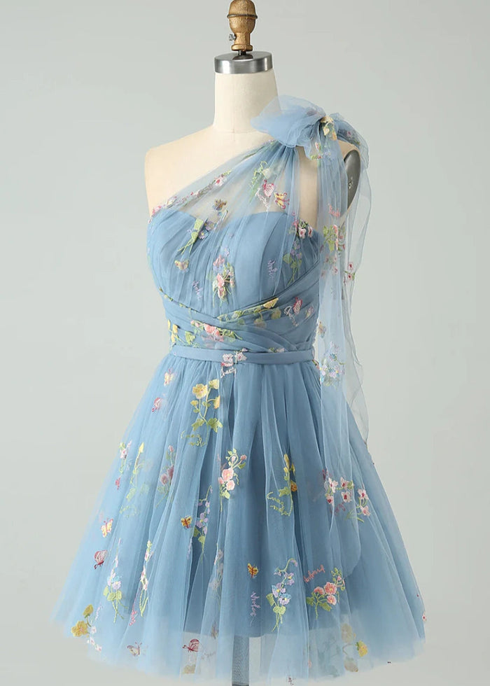 Byzantia | Discover Your Dream Blue Floral Homecoming Dress for Unforgettable Moments - Dusty Blue - PromDressClub