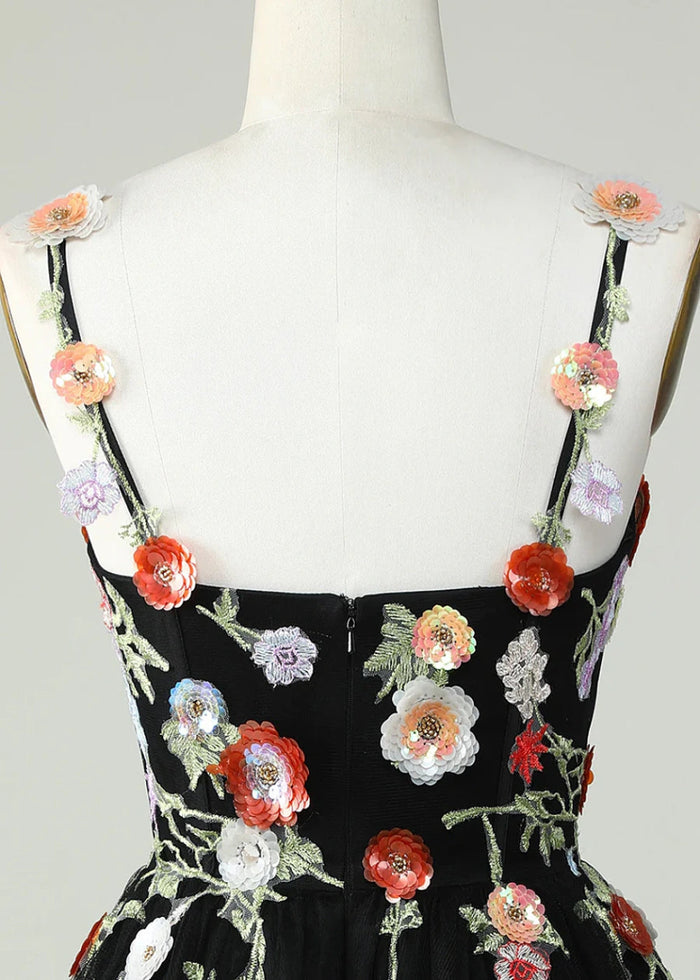 Caliandra | Slay Homecoming Night in a Showstopping Black Corset Dress - Black Floral - PromDressClub