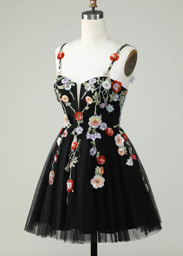 Caliandra | Slay Homecoming Night in a Showstopping Black Corset Dress - Black Floral - PromDressClub