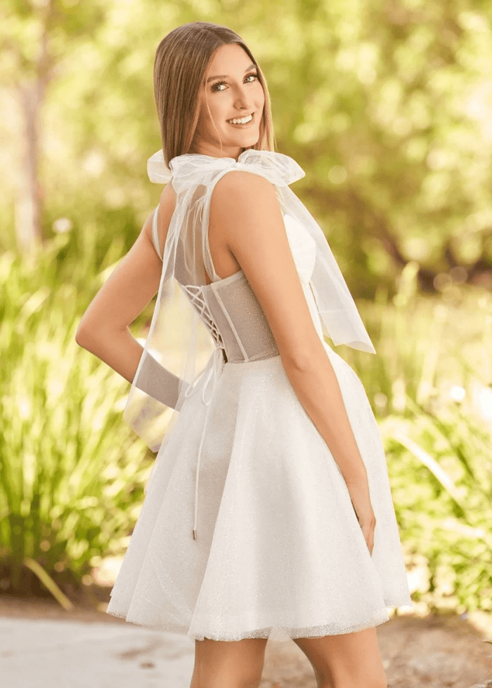 Cara | Ivory Glitter Sequin A Line Corset Short Homecoming Dress Bow - Ivory - PromDressClub