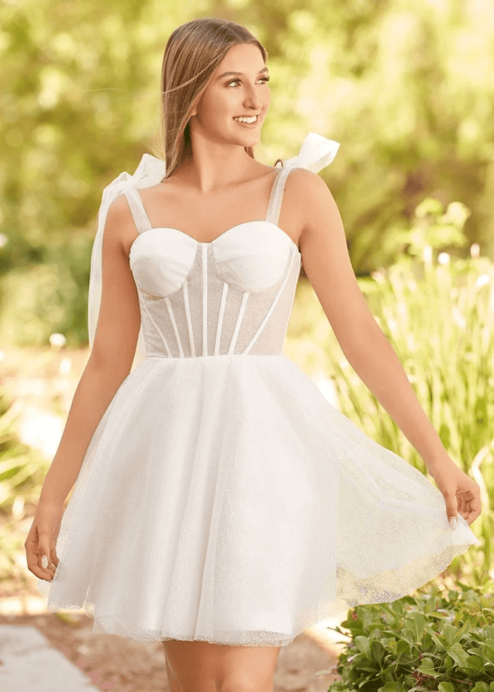 Cara | Ivory Glitter Sequin A Line Corset Short Homecoming Dress Bow - Ivory - PromDressClub
