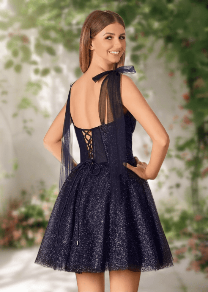 Cara | Ivory Glitter Sequin A Line Corset Short Homecoming Dress Bow - Navy Blue - PromDressClub