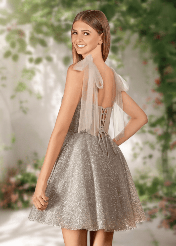 Cara | Ivory Glitter Sequin A Line Corset Short Homecoming Dress Bow - Silver - PromDressClub