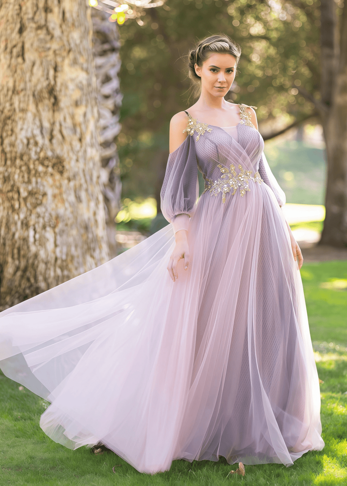 Carol | Long Lavender Prom Dresses With A - Line Wrap Top Tulle Half - Sleeve Appliques - Lavender - US0 - PromDressClub