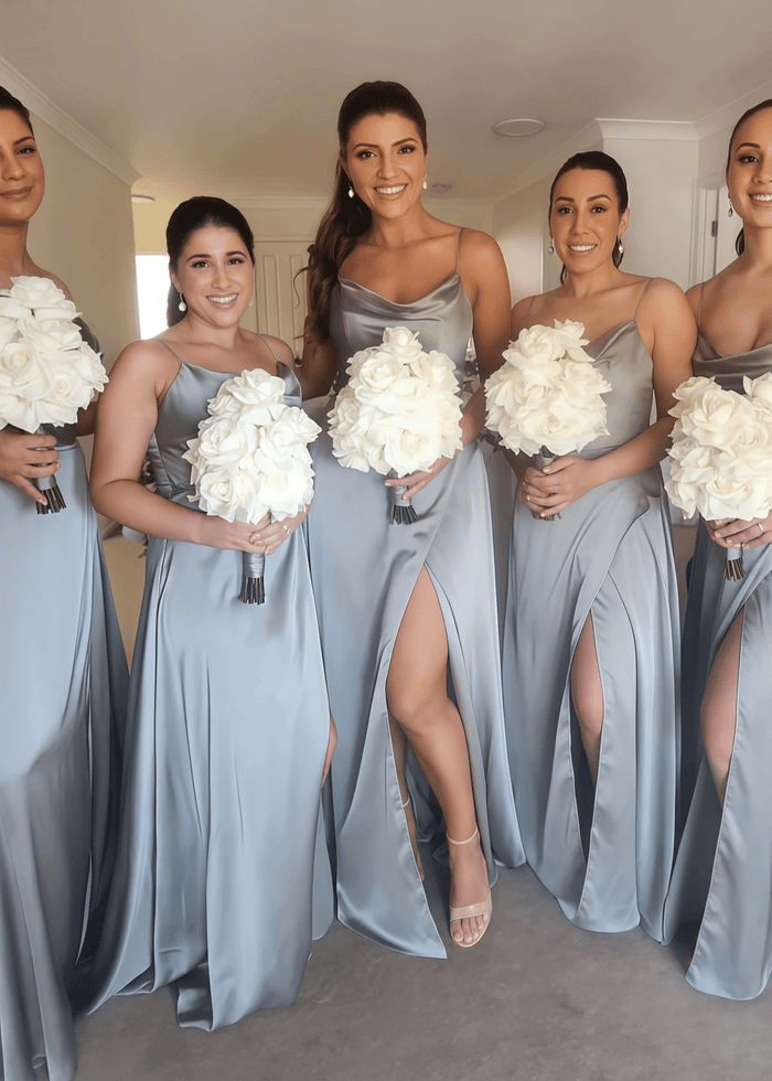 Carol | Sheath Spaghetti Straps Dusty Blue Satin Maxi Bridesmaid Dress with Slit and Cowl Neck - Price #price_variant_lowest# - Dusty Blue - PromDressClub