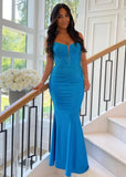 Charlotte | Long Blue Prom Dress Satin With Mermaid Spaghetti Straps Beaded - Blue - US0 - PromDressClub