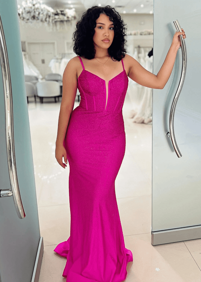 Charlotte | Long Blue Prom Dress Satin With Mermaid Spaghetti Straps Beaded - Fuchsia - PromDressClub