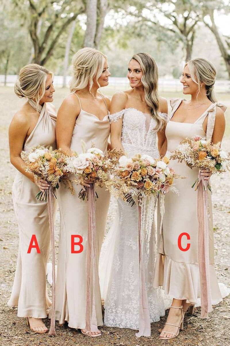 Marjorie |Long Mismatched Bridesmaid Dress Champagne Wedding Guest Dress - Champagne - A - PromDressClub