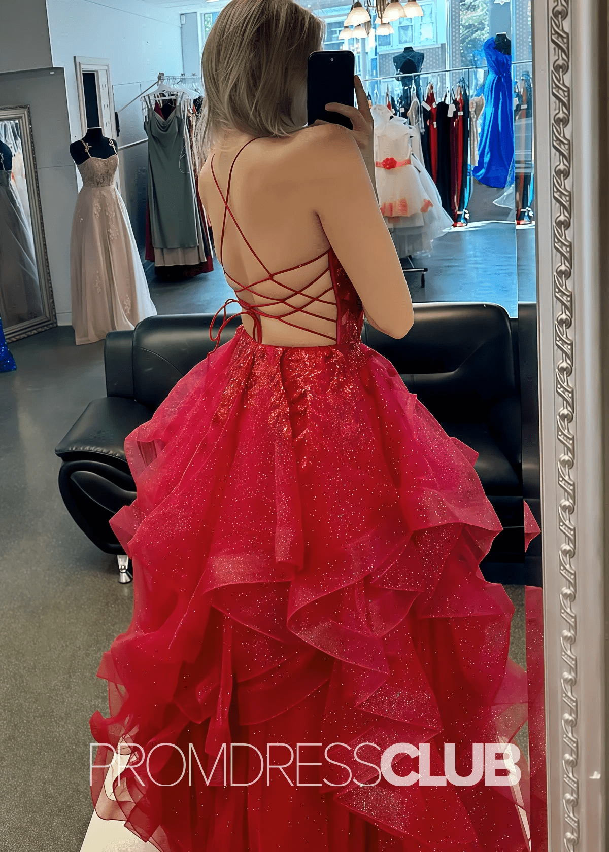 Cherry |Red Dress Prom Long A Line Scoop Sparkly Appliques - Red - PromDressClub