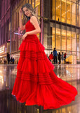 Cheryl |Deep V Neck Sweetheart Tiered Tulle Spaghetti Straps Red Long Prom Dress - Red - US0 - PromDressClub