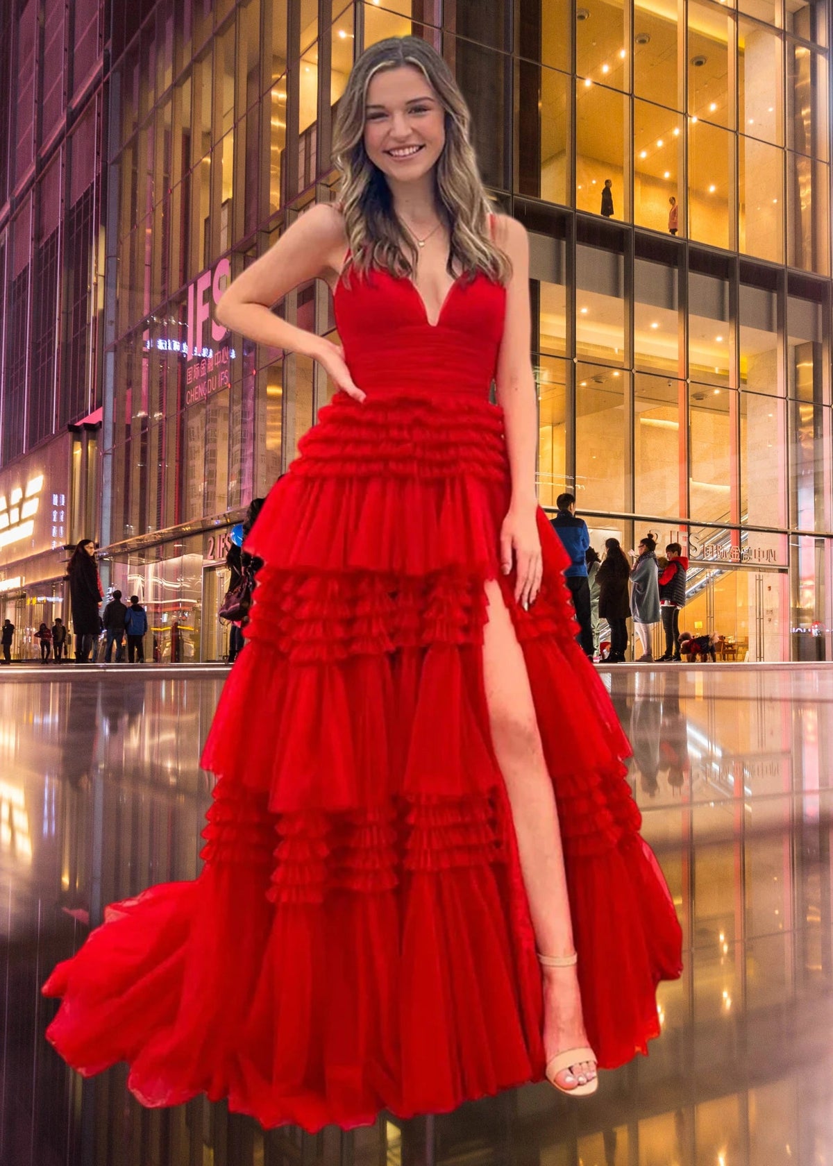 Cheryl |Deep V Neck Sweetheart Tiered Tulle Spaghetti Straps Red Long Prom Dress - Red - US0 - PromDressClub