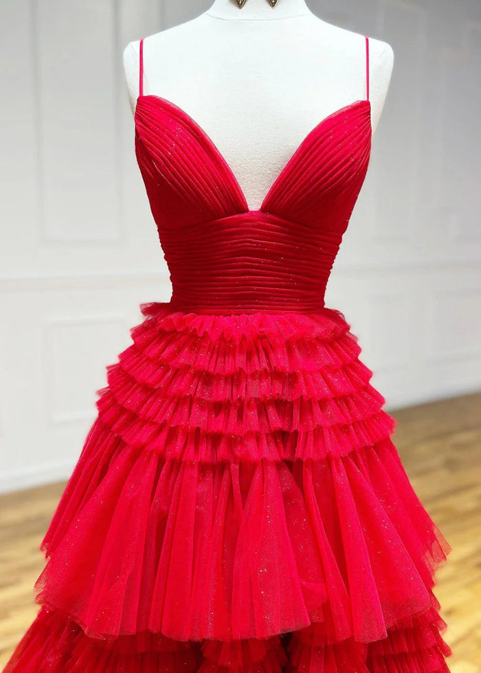 Cheryl | Red A Line Backless Ruffle Tulle Prom Dress with Slit - Red - PromDressClub