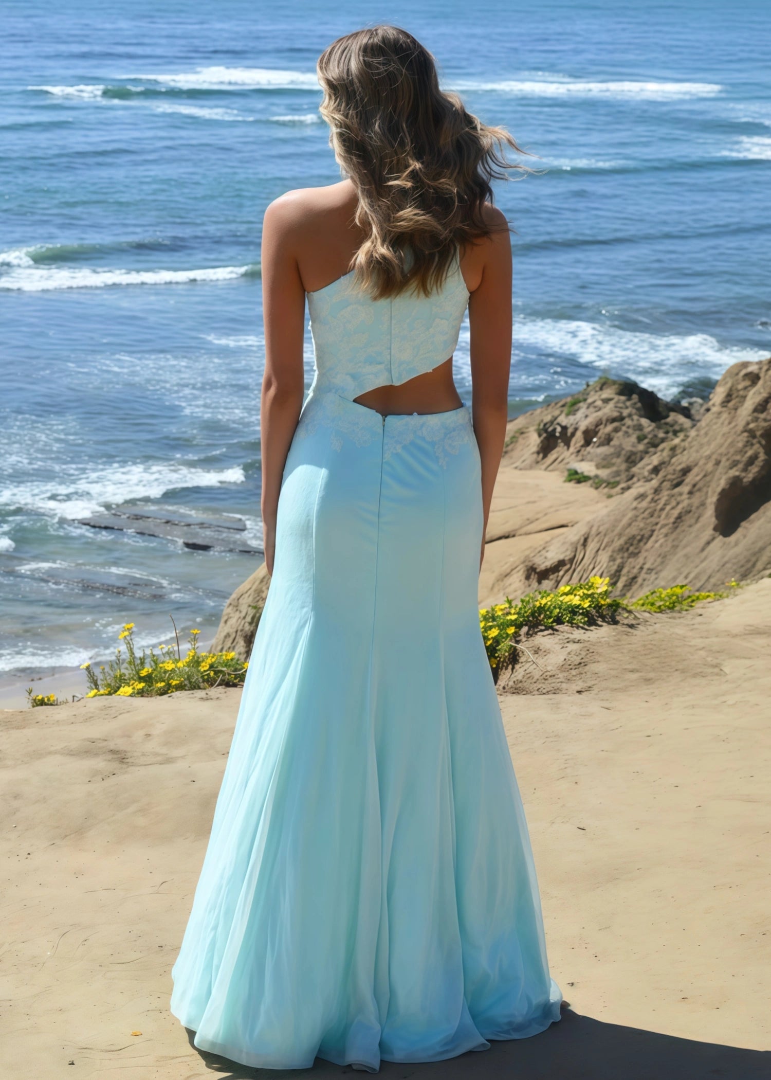 Cheryl | Long White Prom Dress Sequins With Mermaid One Shoulder 3D Appliques - Blue - US0 - PromDressClub