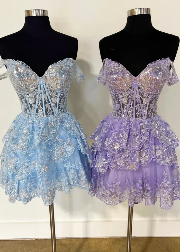 Christie |Sweetheart A - Line Tiered Red Short Homecoming Dress - Purple - PromDressClub