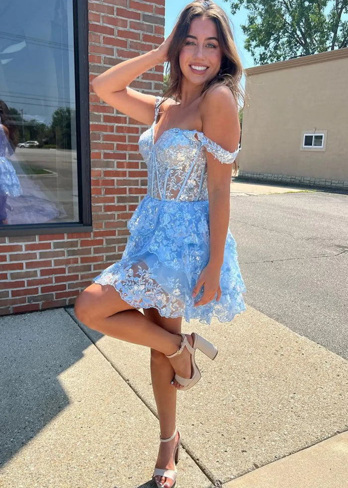 Christie |Sweetheart A - Line Tiered Red Short Homecoming Dress - Sky Blue - PromDressClub