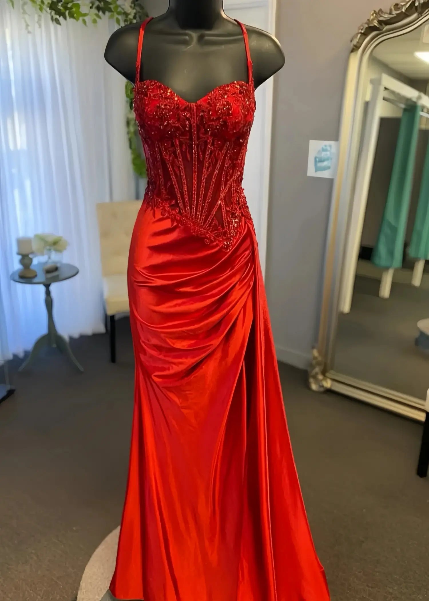 Christie |Trendy Mermaid Spaghetti Straps Plus Size Red Corset Long Prom Dress with Appliques - Red - US0 - PromDressClub