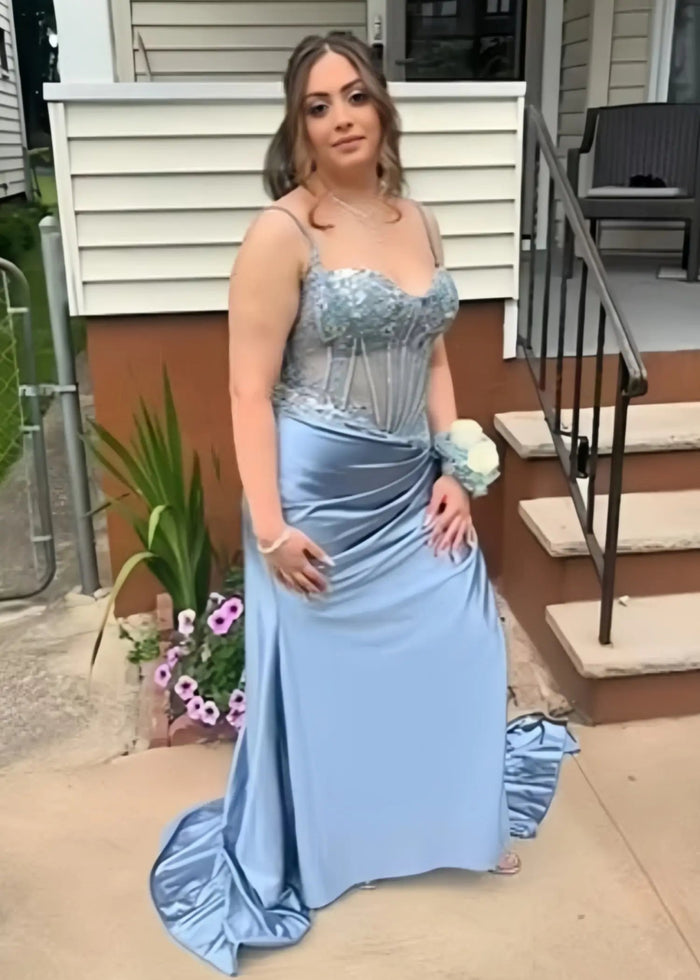 Christie | Trumpet/Mermaid Sweetheart Neck Red Lace Plus Size Prom Dress with Slit - Light Blue - PromDressClub