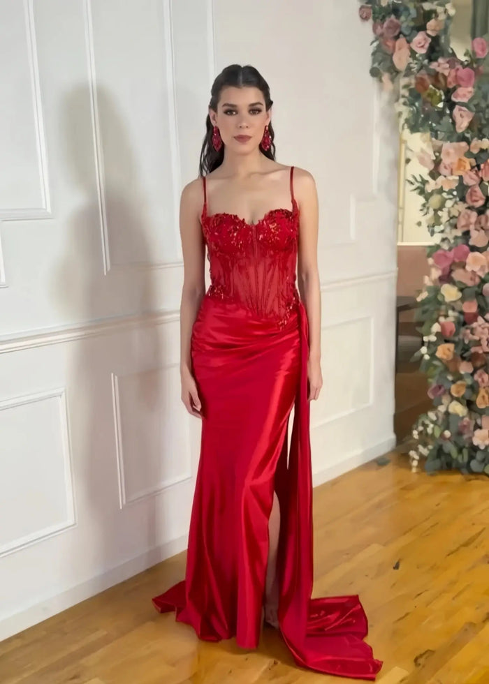 Christie | Trumpet/Mermaid Sweetheart Neck Red Lace Plus Size Prom Dress with Slit - Red - PromDressClub