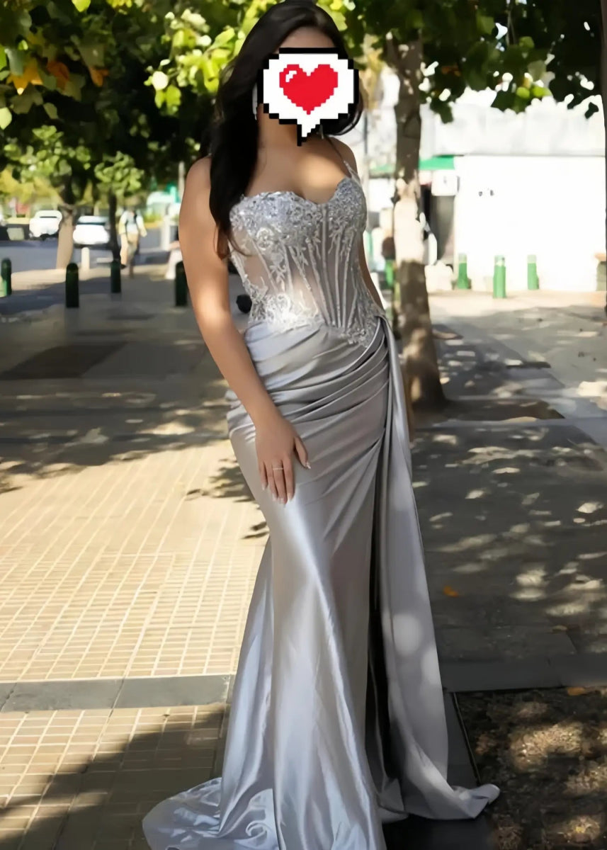 Christie | Trumpet/Mermaid Sweetheart Neck Red Lace Plus Size Prom Dress with Slit - Silver - PromDressClub