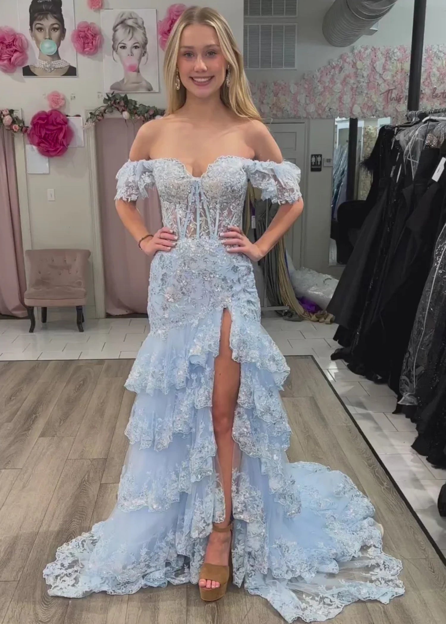 Arlene |Sheath Off the Shoulder Long Black Lace Prom Dress With Slit (Lace - up Back) - Sky Blue - US0 - PromDressClub